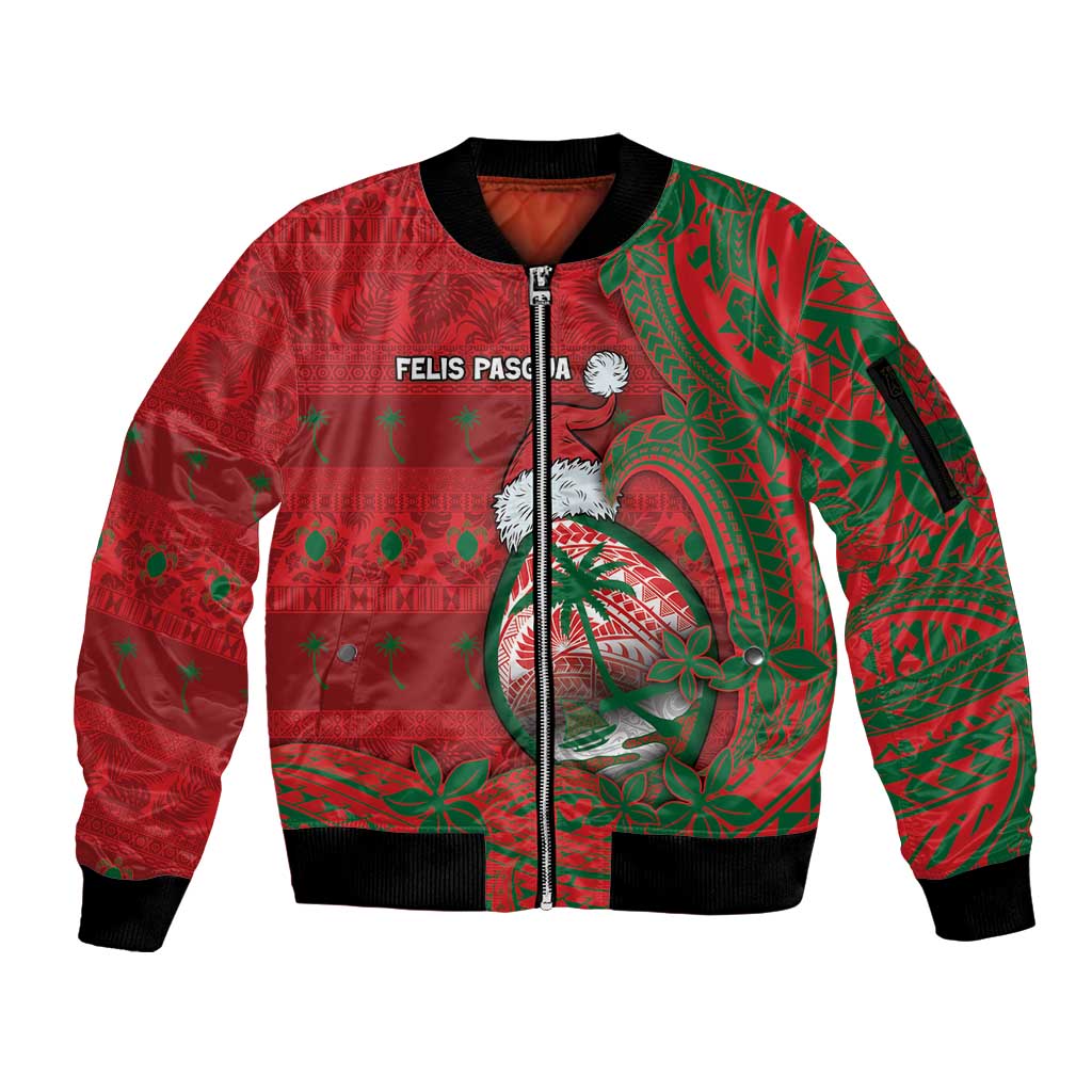 Guam Christmas Sleeve Zip Bomber Jacket Chamorro Seal Hat Santa Tribal Waves - Polynesian Pride