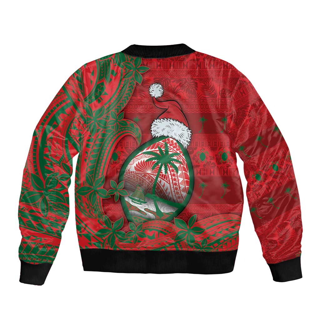 Guam Christmas Sleeve Zip Bomber Jacket Chamorro Seal Hat Santa Tribal Waves - Polynesian Pride