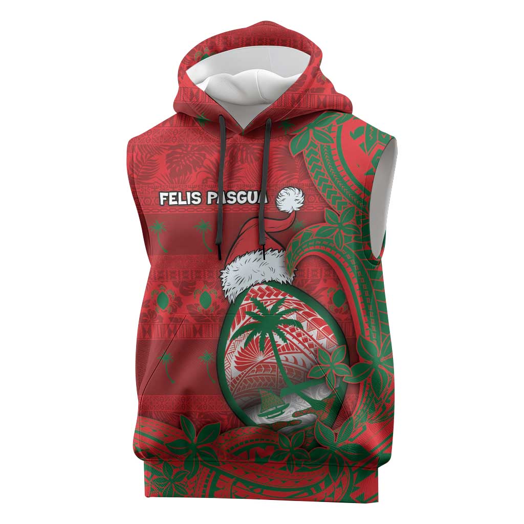 Guam Christmas Sleeveless Hoodie Chamorro Seal Hat Santa Tribal Waves - Polynesian Pride