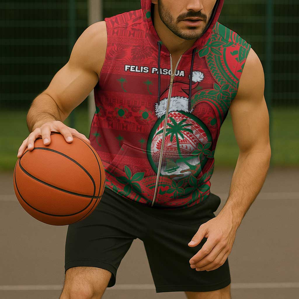 Guam Christmas Sleeveless Zip Hoodie Chamorro Seal Hat Santa Tribal Waves - Polynesian Pride