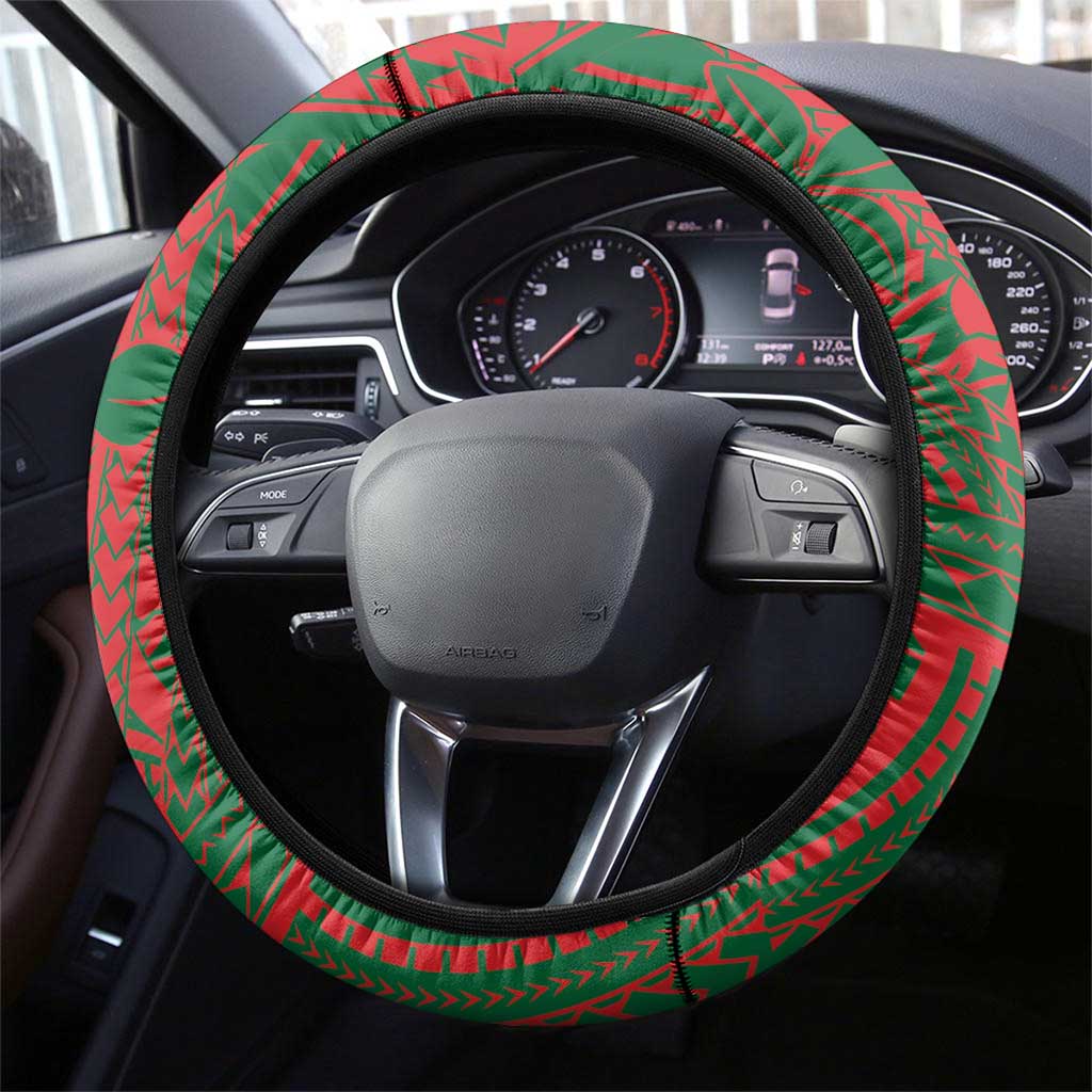 Guam Christmas Steering Wheel Cover Chamorro Seal Hat Santa Tribal Waves - Polynesian Pride