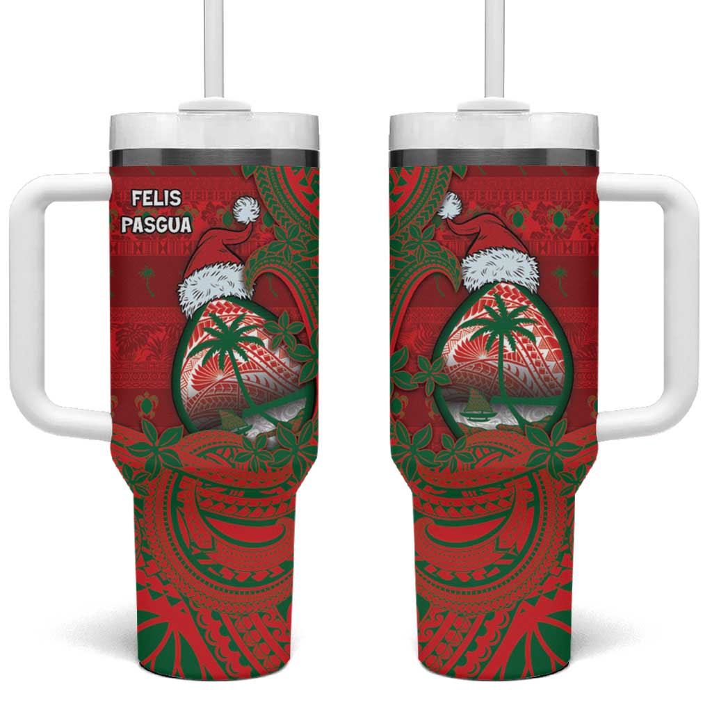 Guam Christmas Tumbler With Handle Chamorro Seal Hat Santa Tribal Waves - Polynesian Pride