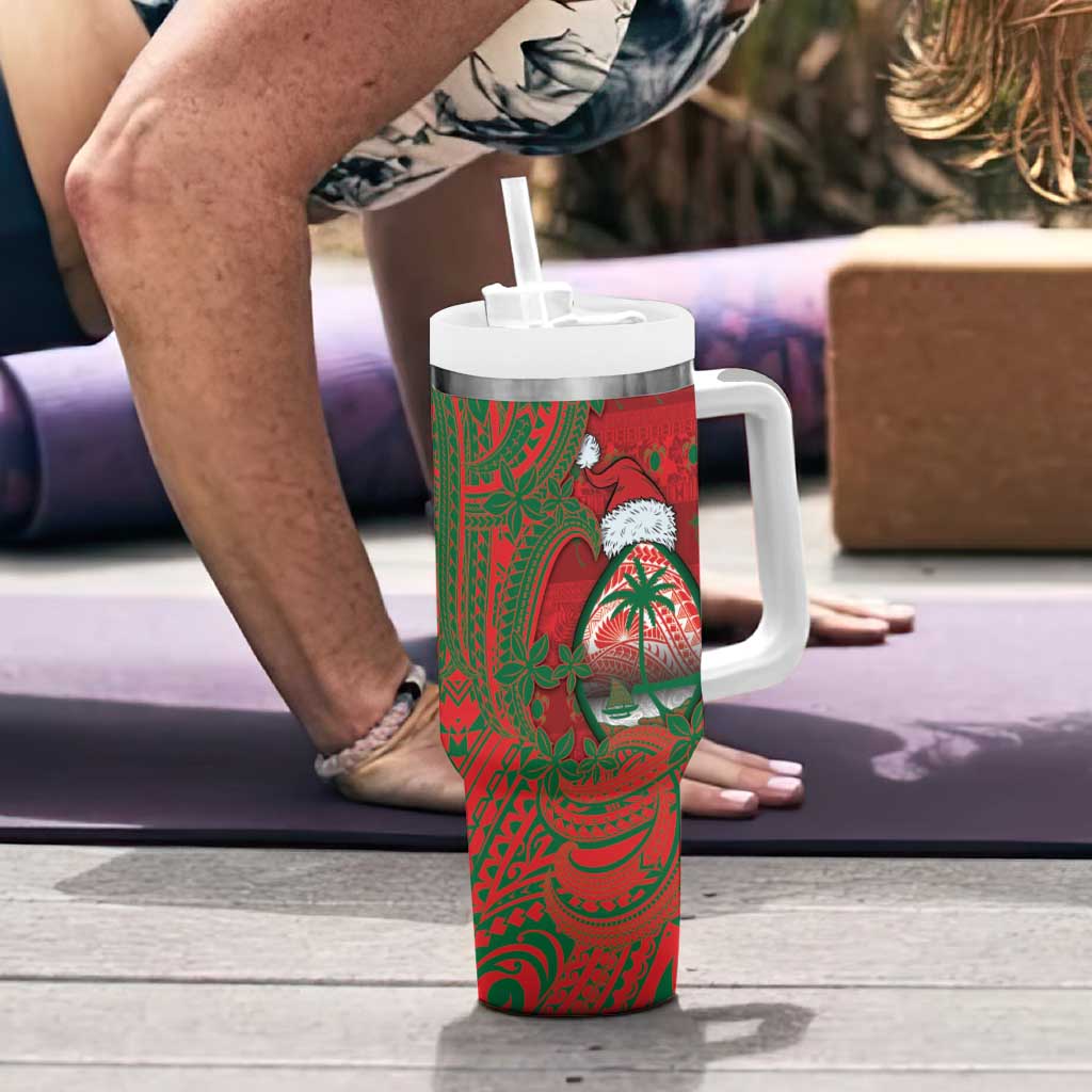 Guam Christmas Tumbler With Handle Chamorro Seal Hat Santa Tribal Waves - Polynesian Pride
