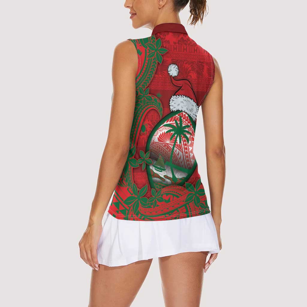 Guam Christmas Women Sleeveless Polo Shirt Chamorro Seal Hat Santa Tribal Waves - Polynesian Pride