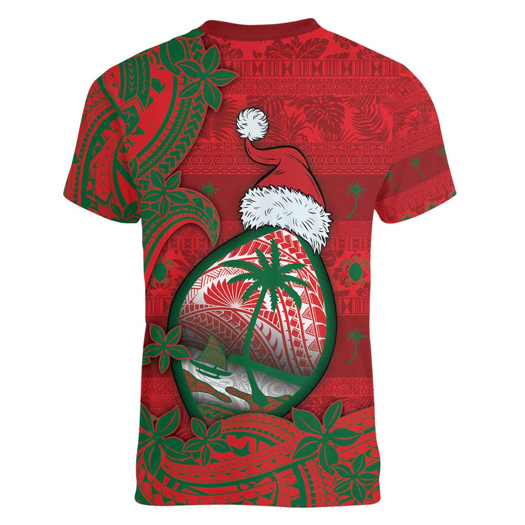 Guam Christmas Women V-Neck T-Shirt Chamorro Seal Hat Santa Tribal Waves - Polynesian Pride