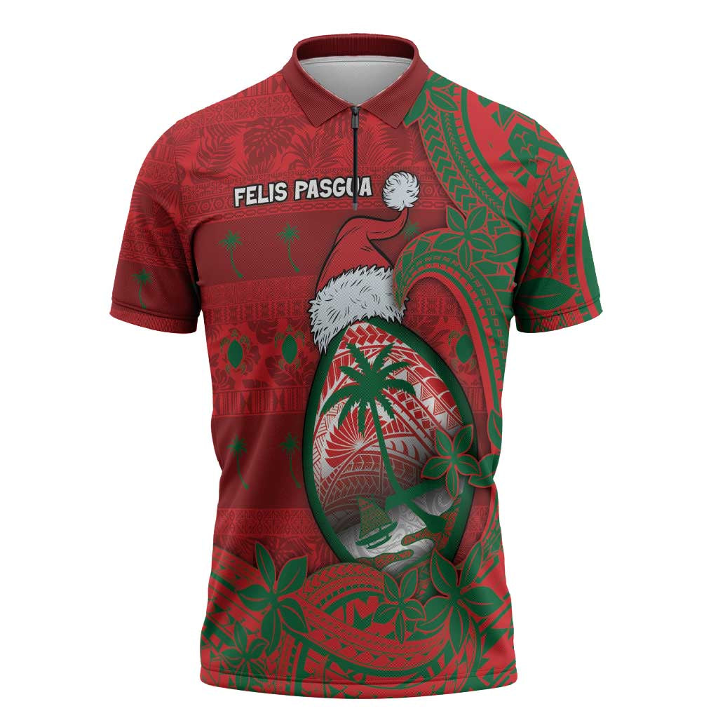 Guam Christmas Zipper Polo Shirt Chamorro Seal Hat Santa Tribal Waves - Polynesian Pride