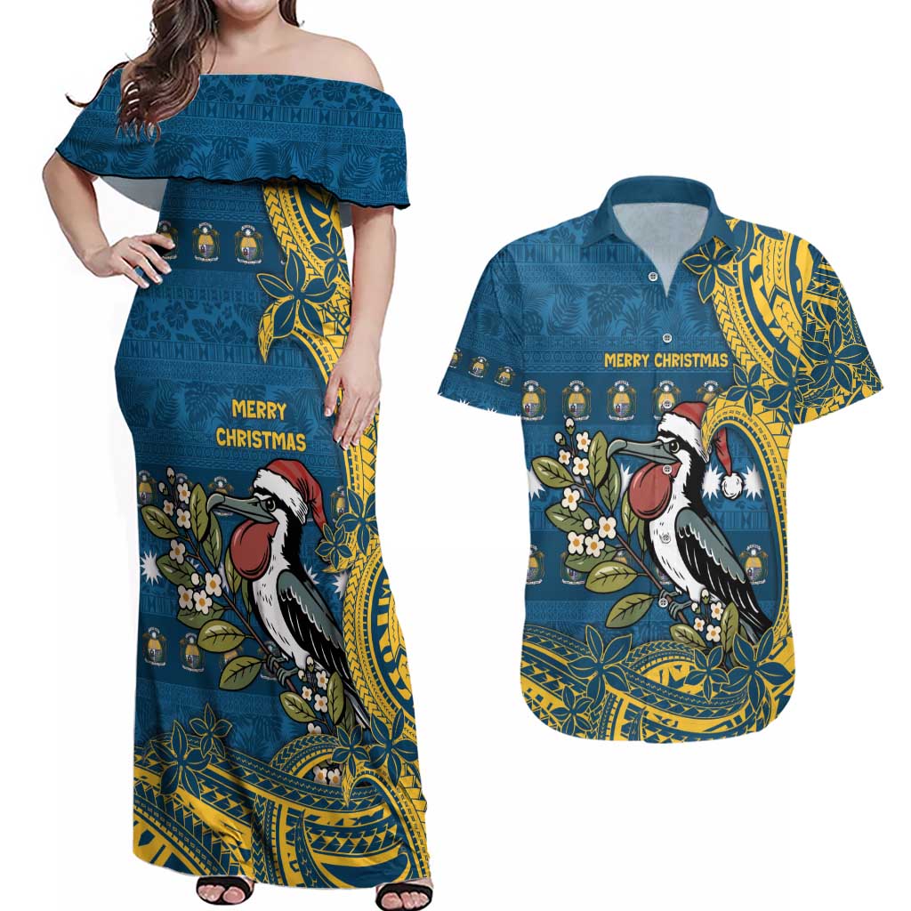 Nauru Christmas Couples Matching Off Shoulder Maxi Dress and Hawaiian Shirt Frigatebird Bird Santa Tribal Waves - Polynesian Pride