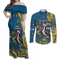 Nauru Christmas Couples Matching Off Shoulder Maxi Dress and Long Sleeve Button Shirt Frigatebird Bird Santa Tribal Waves DT05 Deep Blue - Polynesian Pride