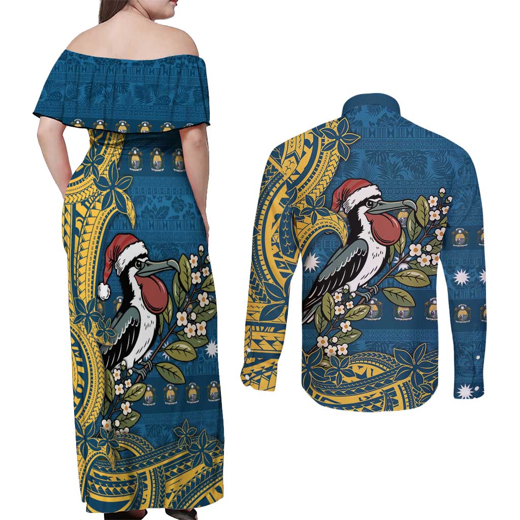 Nauru Christmas Couples Matching Off Shoulder Maxi Dress and Long Sleeve Button Shirt Frigatebird Bird Santa Tribal Waves DT05 - Polynesian Pride