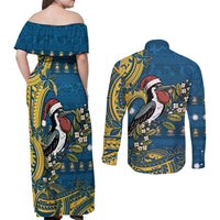 Nauru Christmas Couples Matching Off Shoulder Maxi Dress and Long Sleeve Button Shirt Frigatebird Bird Santa Tribal Waves DT05 - Polynesian Pride