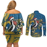 Nauru Christmas Couples Matching Off Shoulder Short Dress and Long Sleeve Button Shirt Frigatebird Bird Santa Tribal Waves DT05 - Polynesian Pride