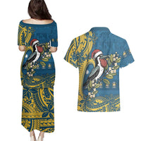 Nauru Christmas Couples Matching Puletasi and Hawaiian Shirt Frigatebird Bird Santa Tribal Waves DT05 - Polynesian Pride