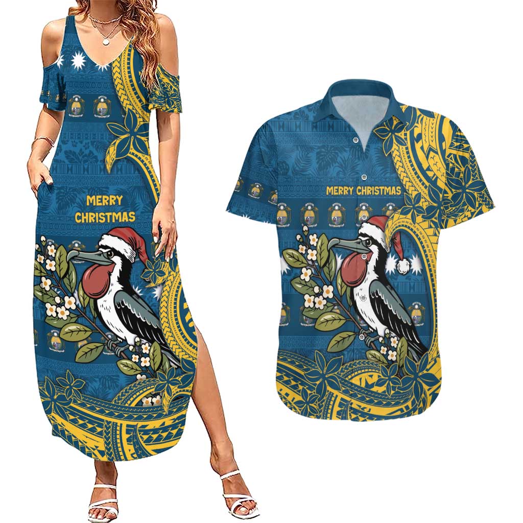 Nauru Christmas Couples Matching Summer Maxi Dress and Hawaiian Shirt Frigatebird Bird Santa Tribal Waves - Polynesian Pride
