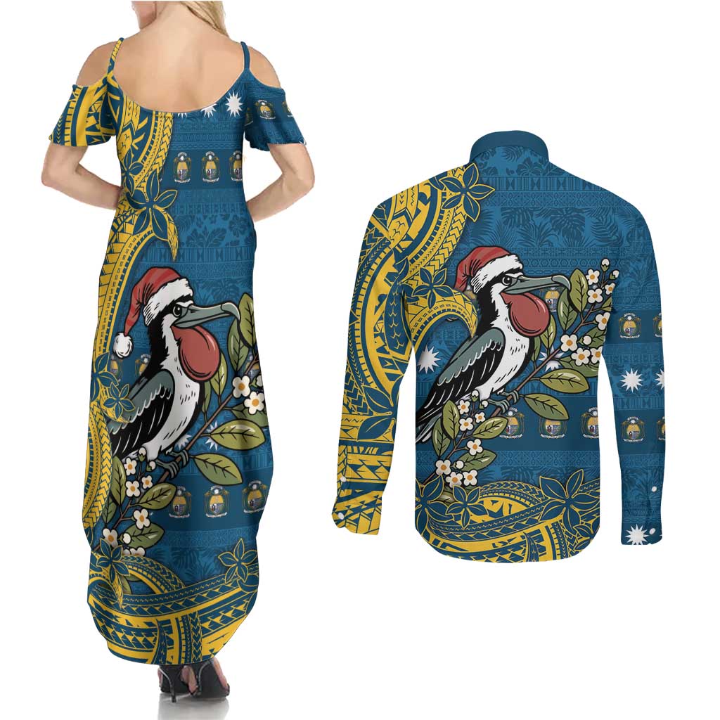 Nauru Christmas Couples Matching Summer Maxi Dress and Long Sleeve Button Shirt Frigatebird Bird Santa Tribal Waves DT05 - Polynesian Pride