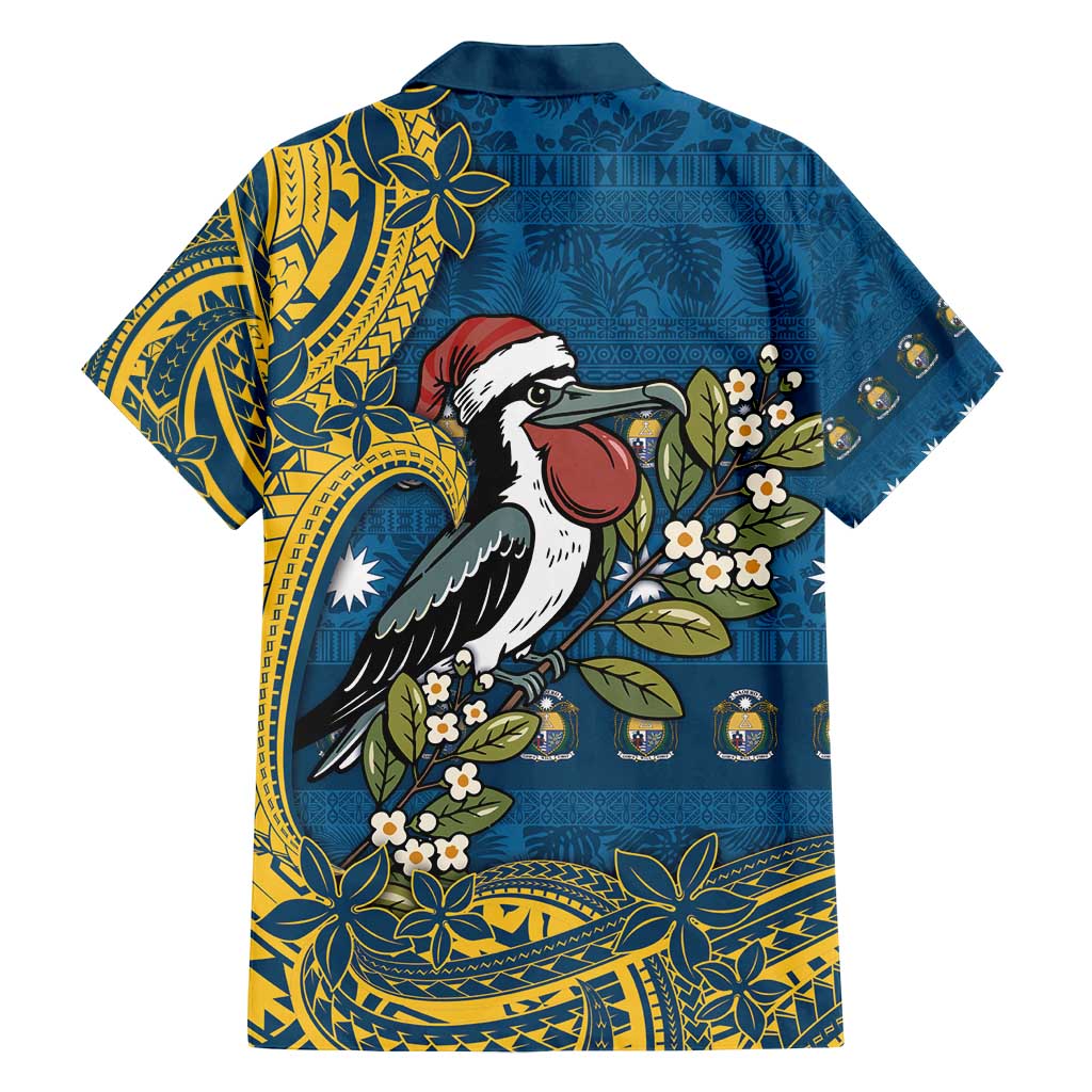 Nauru Christmas Family Matching Long Sleeve Bodycon Dress and Hawaiian Shirt Frigatebird Bird Santa Tribal Waves - Polynesian Pride