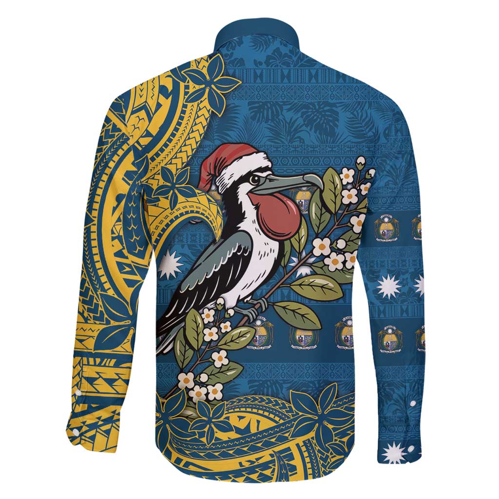Nauru Christmas Family Matching Long Sleeve Bodycon Dress and Hawaiian Shirt Frigatebird Bird Santa Tribal Waves - Polynesian Pride