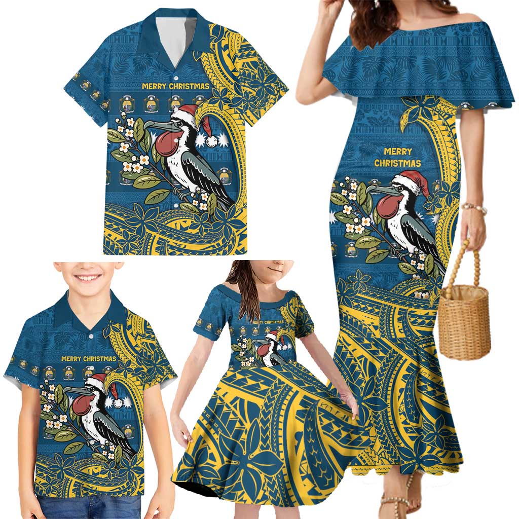 Nauru Christmas Family Matching Mermaid Dress and Hawaiian Shirt Frigatebird Bird Santa Tribal Waves - Polynesian Pride