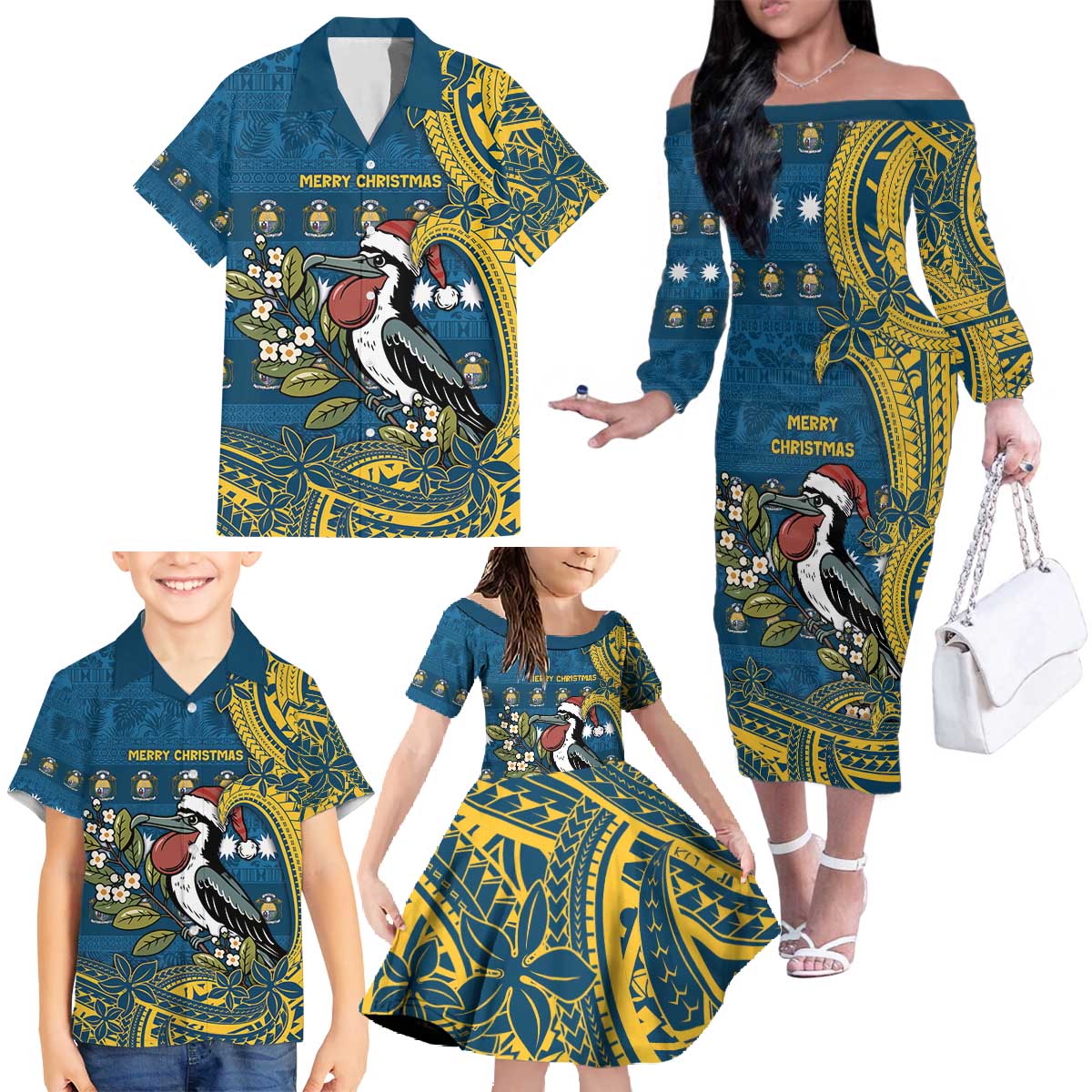 Nauru Christmas Family Matching Off The Shoulder Long Sleeve Dress and Hawaiian Shirt Frigatebird Bird Santa Tribal Waves - Polynesian Pride