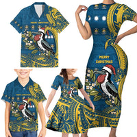 Nauru Christmas Family Matching Short Sleeve Bodycon Dress and Hawaiian Shirt Frigatebird Bird Santa Tribal Waves - Polynesian Pride