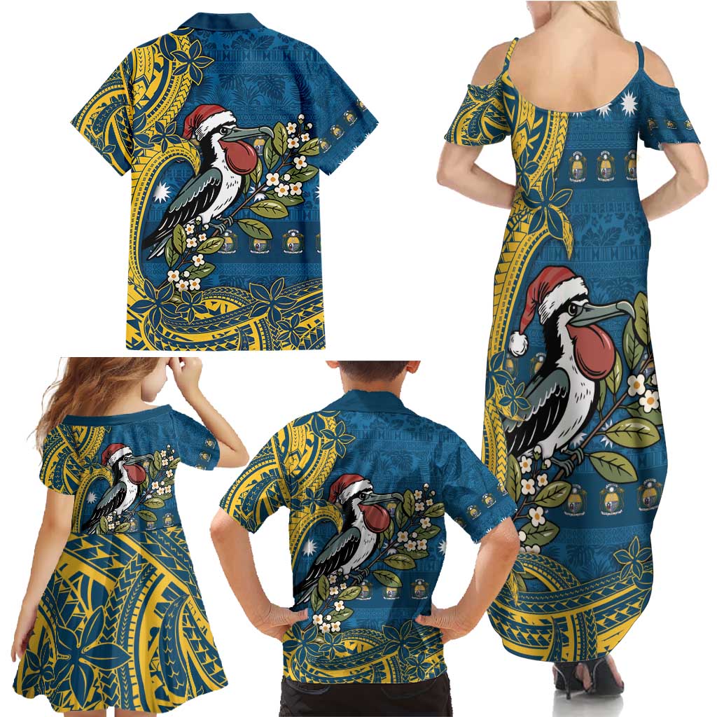 Nauru Christmas Family Matching Summer Maxi Dress and Hawaiian Shirt Frigatebird Bird Santa Tribal Waves - Polynesian Pride