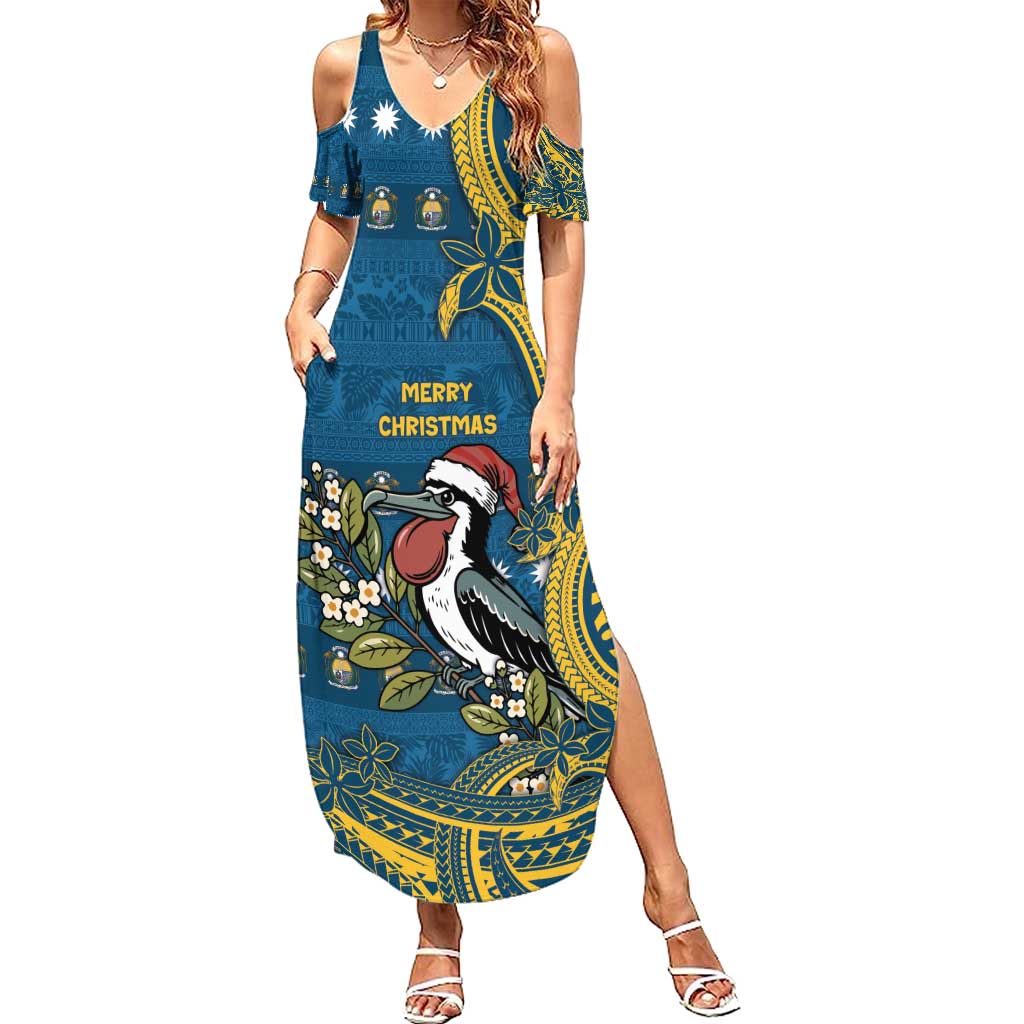 Nauru Christmas Family Matching Summer Maxi Dress and Hawaiian Shirt Frigatebird Bird Santa Tribal Waves - Polynesian Pride