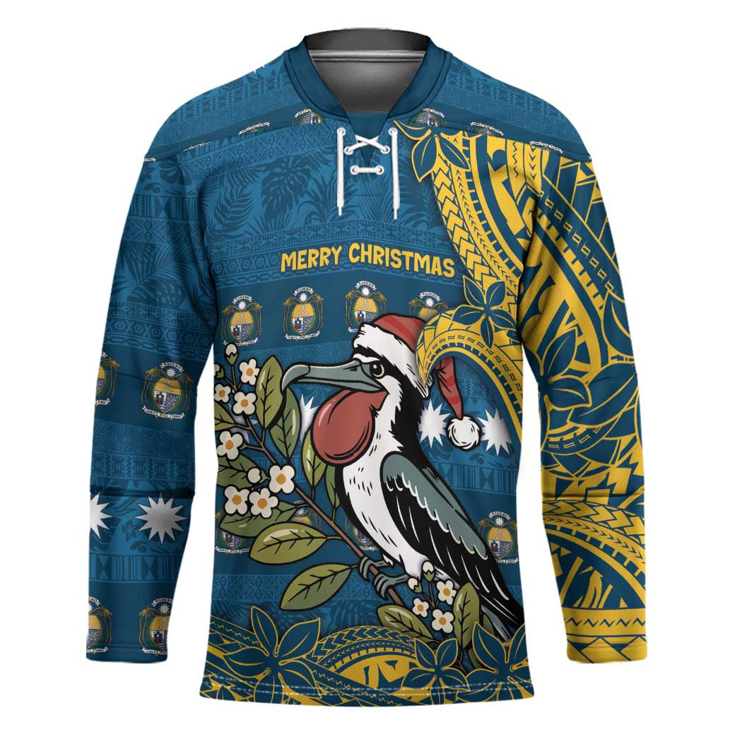 Nauru Christmas Hockey Jersey Frigatebird Bird Santa Tribal Waves - Polynesian Pride