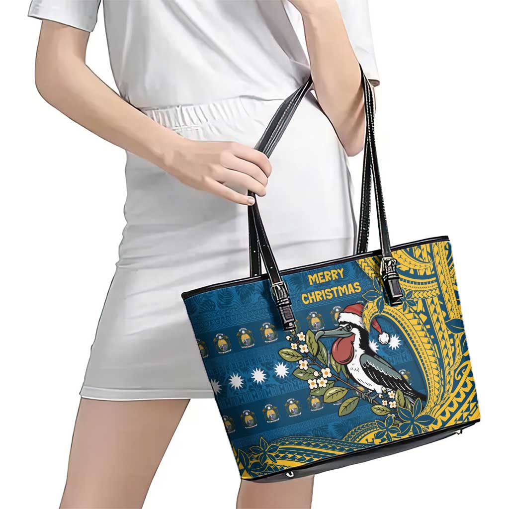 Nauru Christmas Leather Tote Bag Frigatebird Bird Santa Tribal Waves - Polynesian Pride