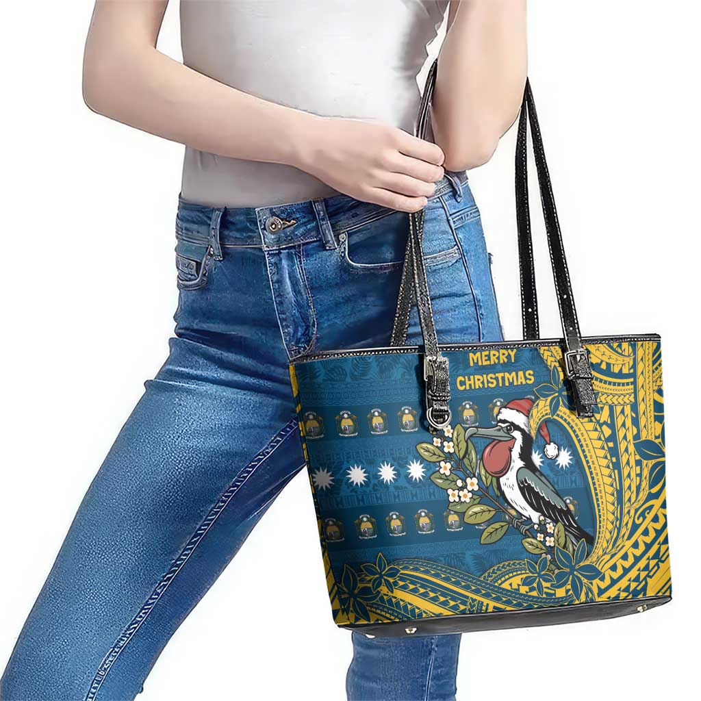 Nauru Christmas Leather Tote Bag Frigatebird Bird Santa Tribal Waves - Polynesian Pride
