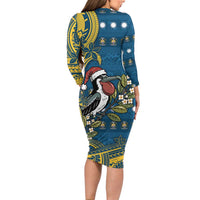 Nauru Christmas Long Sleeve Bodycon Dress Frigatebird Bird Santa Tribal Waves - Polynesian Pride
