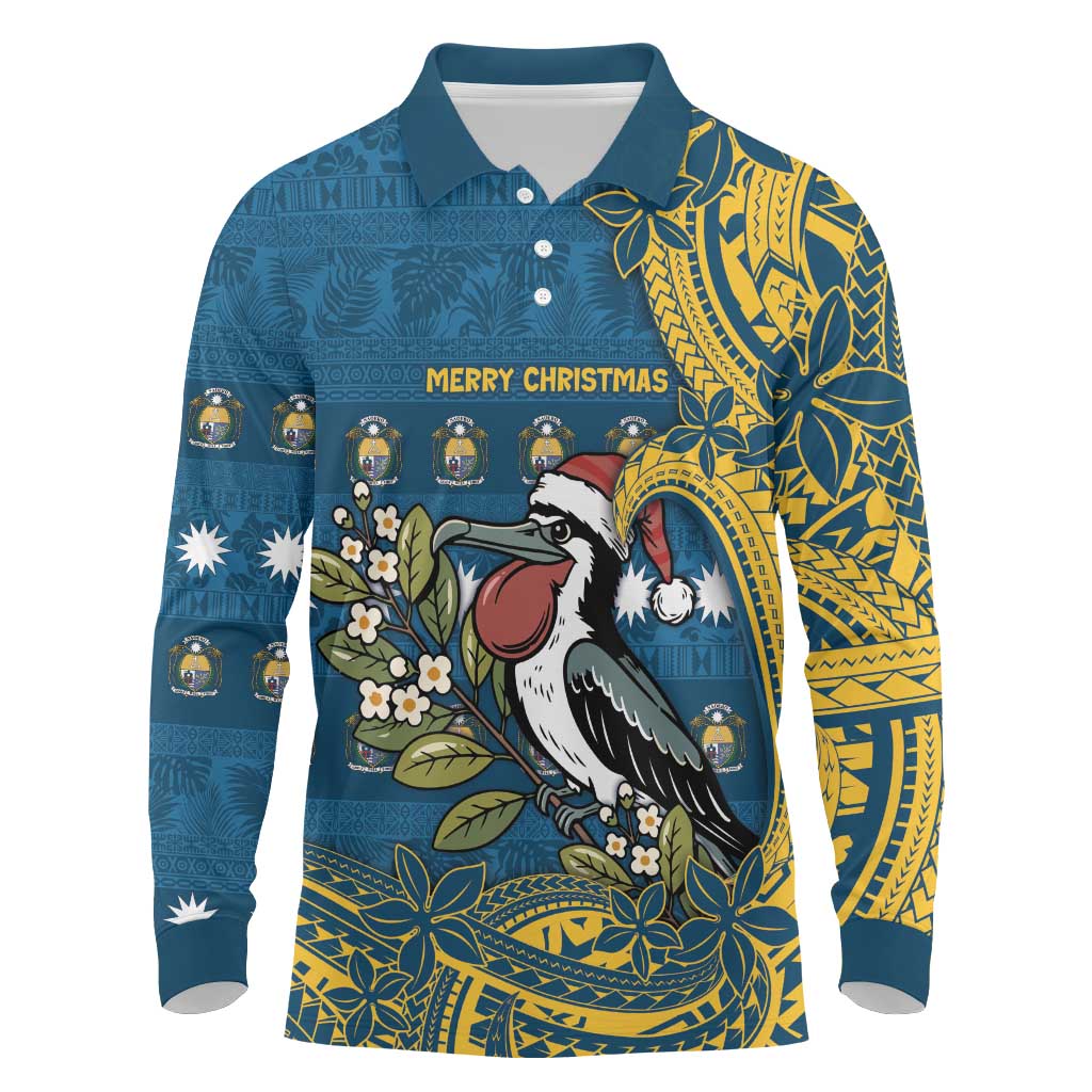 Nauru Christmas Long Sleeve Polo Shirt Frigatebird Bird Santa Tribal Waves DT05 Deep Blue - Polynesian Pride
