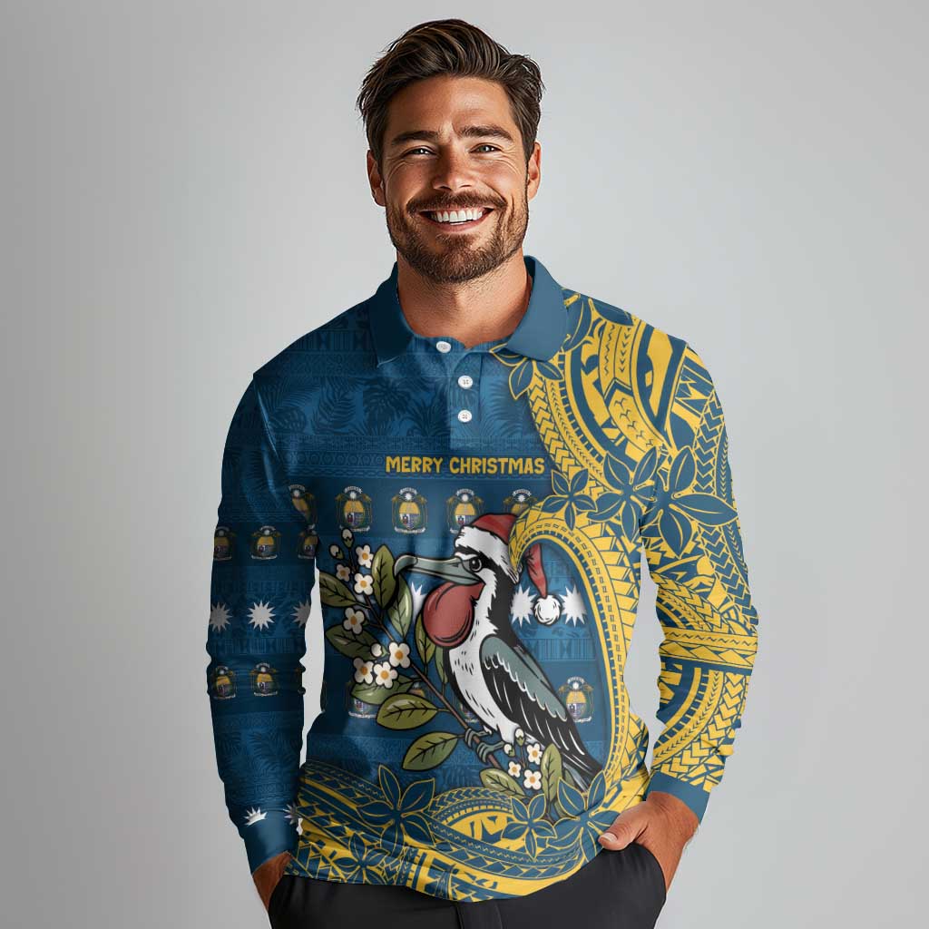 Nauru Christmas Long Sleeve Polo Shirt Frigatebird Bird Santa Tribal Waves DT05 - Polynesian Pride