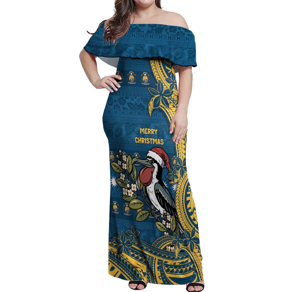 Nauru Christmas Off Shoulder Maxi Dress Frigatebird Bird Santa Tribal Waves - Polynesian Pride