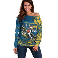 Nauru Christmas Off Shoulder Sweater Frigatebird Bird Santa Tribal Waves DT05 Women Deep Blue - Polynesian Pride