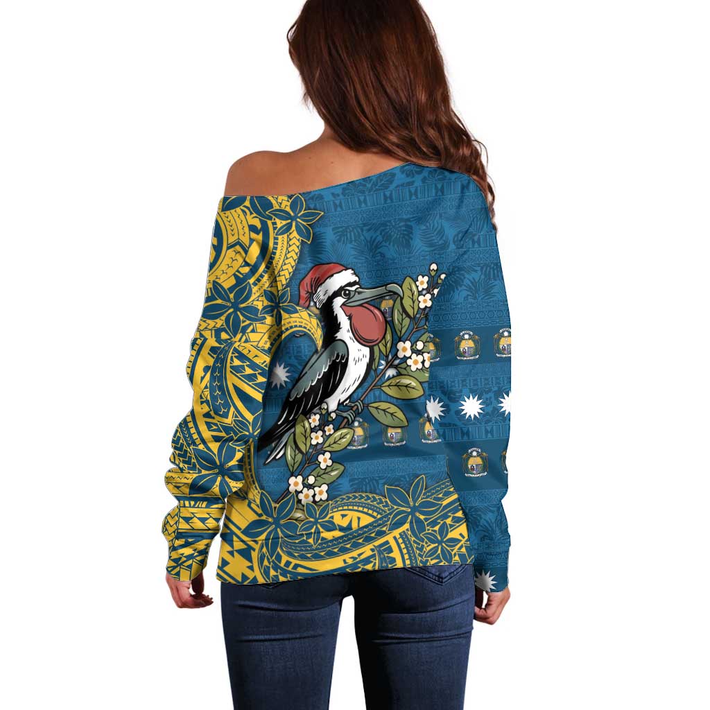 Nauru Christmas Off Shoulder Sweater Frigatebird Bird Santa Tribal Waves DT05 - Polynesian Pride
