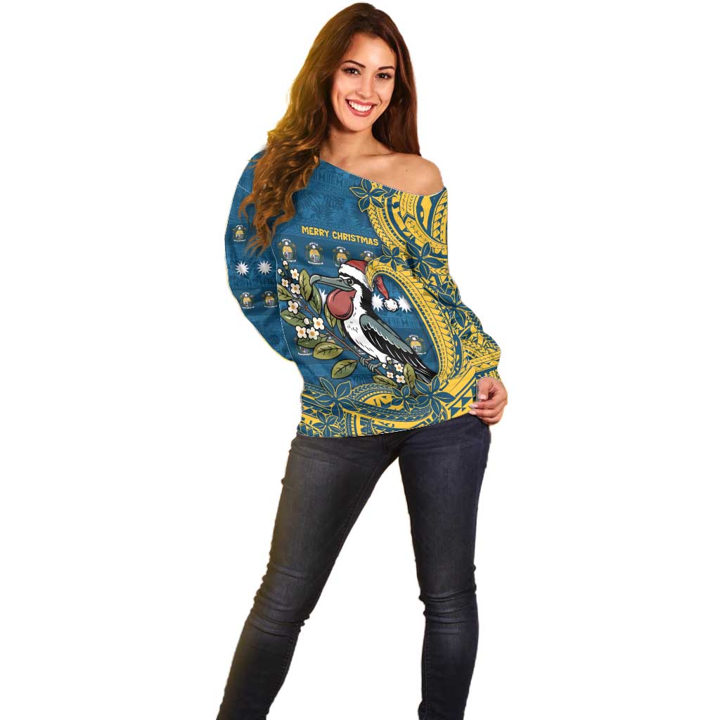 Nauru Christmas Off Shoulder Sweater Frigatebird Bird Santa Tribal Waves DT05 - Polynesian Pride