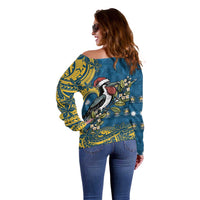 Nauru Christmas Off Shoulder Sweater Frigatebird Bird Santa Tribal Waves DT05 - Polynesian Pride