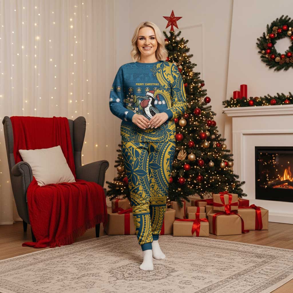 Nauru Christmas Pajama Set Frigatebird Bird Santa Tribal Waves - Polynesian Pride