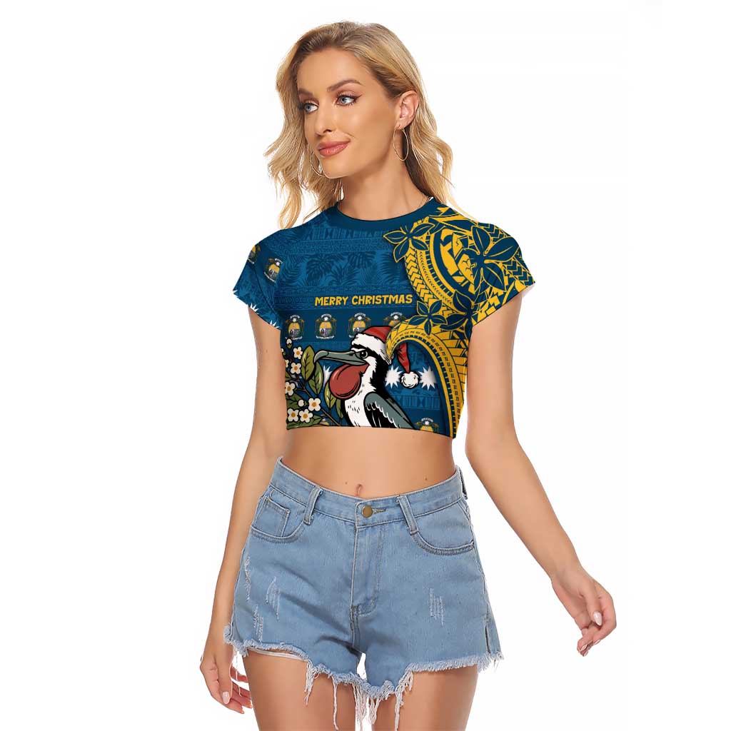 Nauru Christmas Raglan Cropped T Shirt Frigatebird Bird Santa Tribal Waves DT05 Female Deep Blue - Polynesian Pride