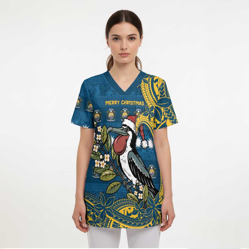 Nauru Christmas Scrub Top Frigatebird Bird Santa Tribal Waves - Polynesian Pride