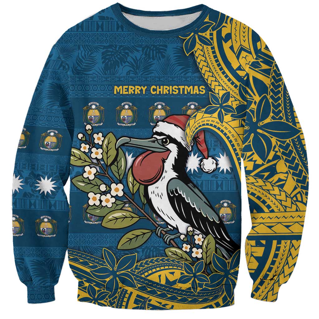 Nauru Christmas Sweatshirt Frigatebird Bird Santa Tribal Waves DT05 Unisex Deep Blue - Polynesian Pride