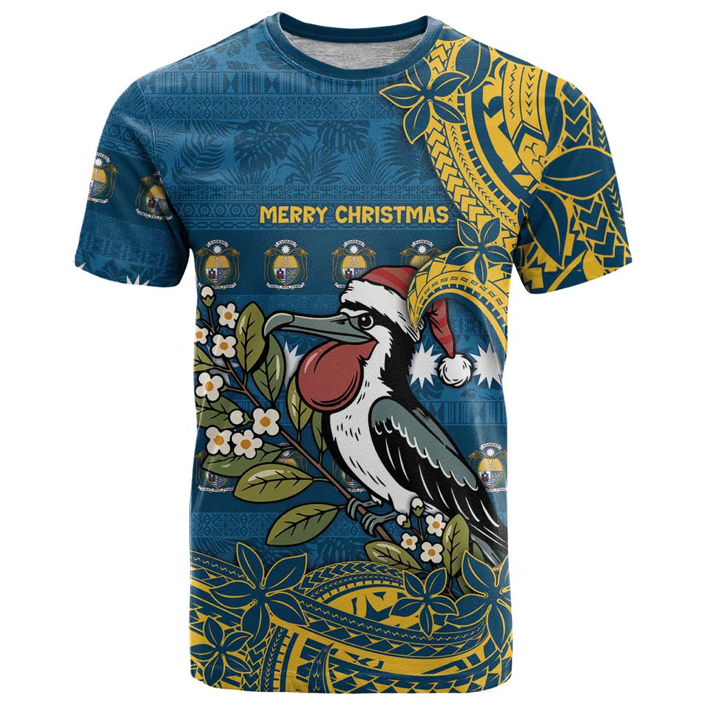 Nauru Christmas T Shirt Frigatebird Bird Santa Tribal Waves - Polynesian Pride