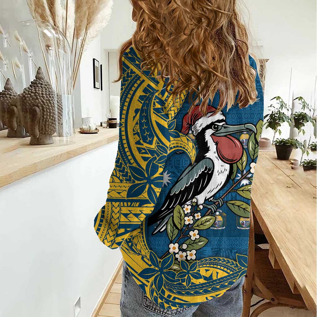 Nauru Christmas Women Casual Shirt Frigatebird Bird Santa Tribal Waves DT05 - Polynesian Pride