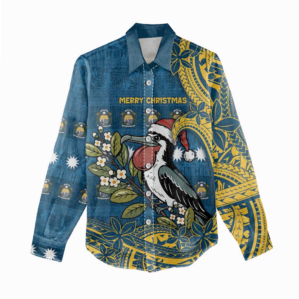 Nauru Christmas Women Casual Shirt Frigatebird Bird Santa Tribal Waves DT05 - Polynesian Pride