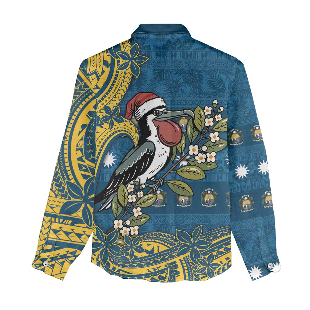Nauru Christmas Women Casual Shirt Frigatebird Bird Santa Tribal Waves DT05 - Polynesian Pride