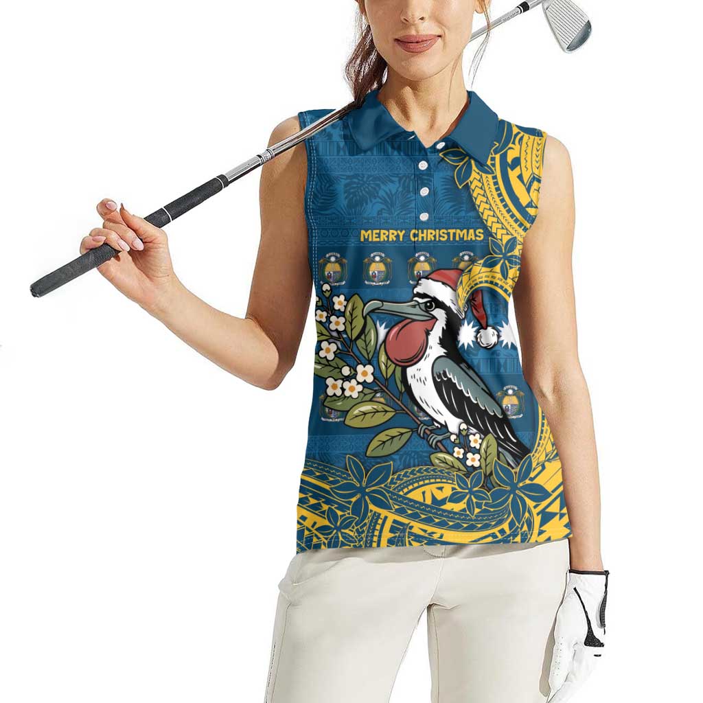Nauru Christmas Women Sleeveless Polo Shirt Frigatebird Bird Santa Tribal Waves - Polynesian Pride
