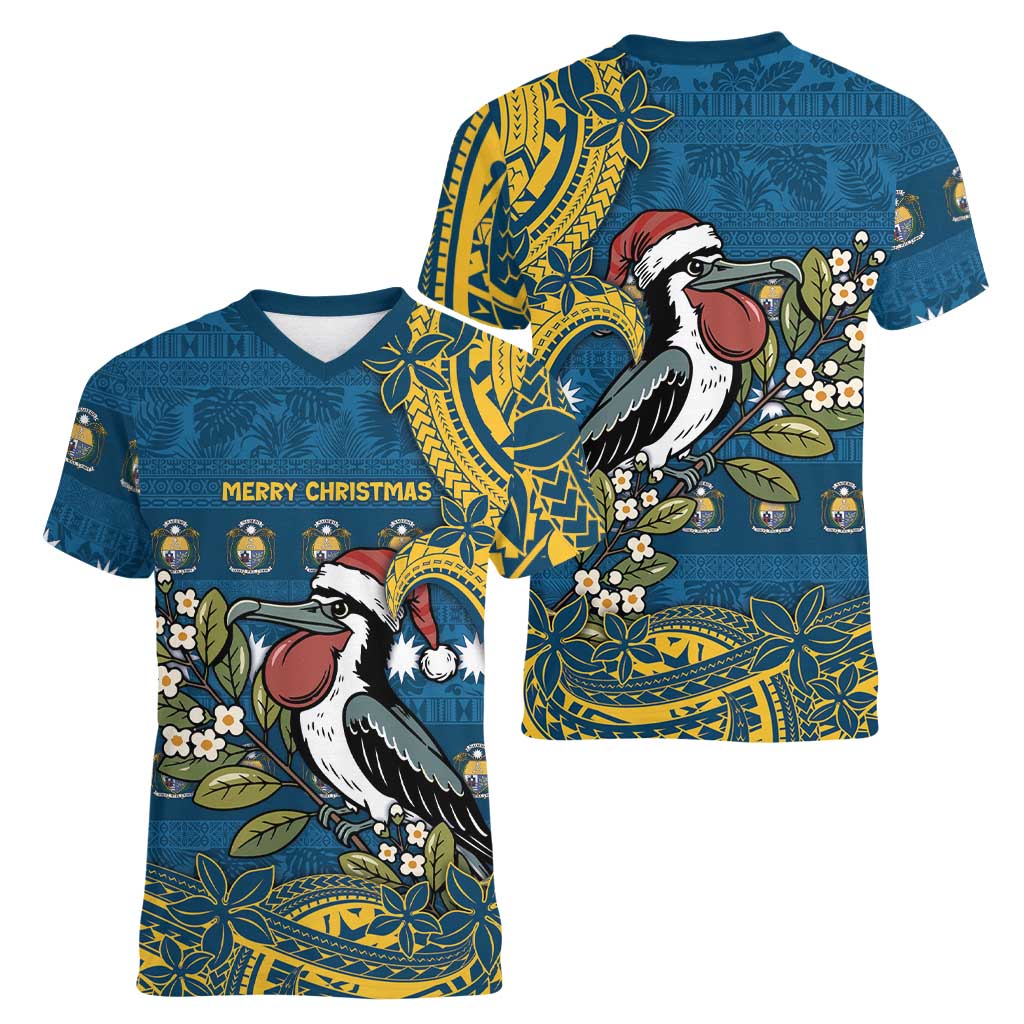 Nauru Christmas Women V-Neck T-Shirt Frigatebird Bird Santa Tribal Waves - Polynesian Pride