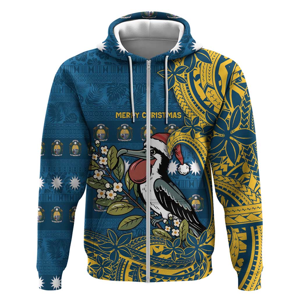 Nauru Christmas Zip Hoodie Frigatebird Bird Santa Tribal Waves DT05 Zip Hoodie Deep Blue - Polynesian Pride
