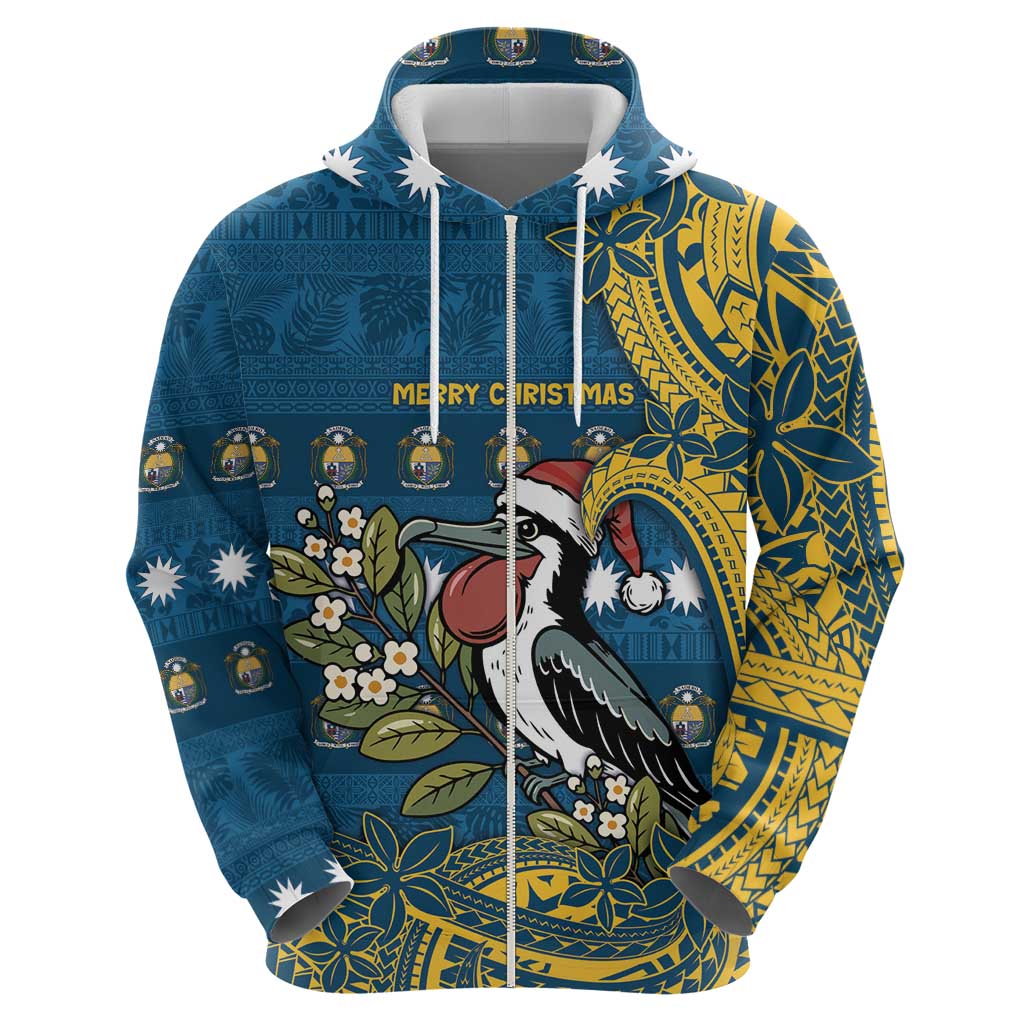 Nauru Christmas Zip Hoodie Frigatebird Bird Santa Tribal Waves DT05 - Polynesian Pride