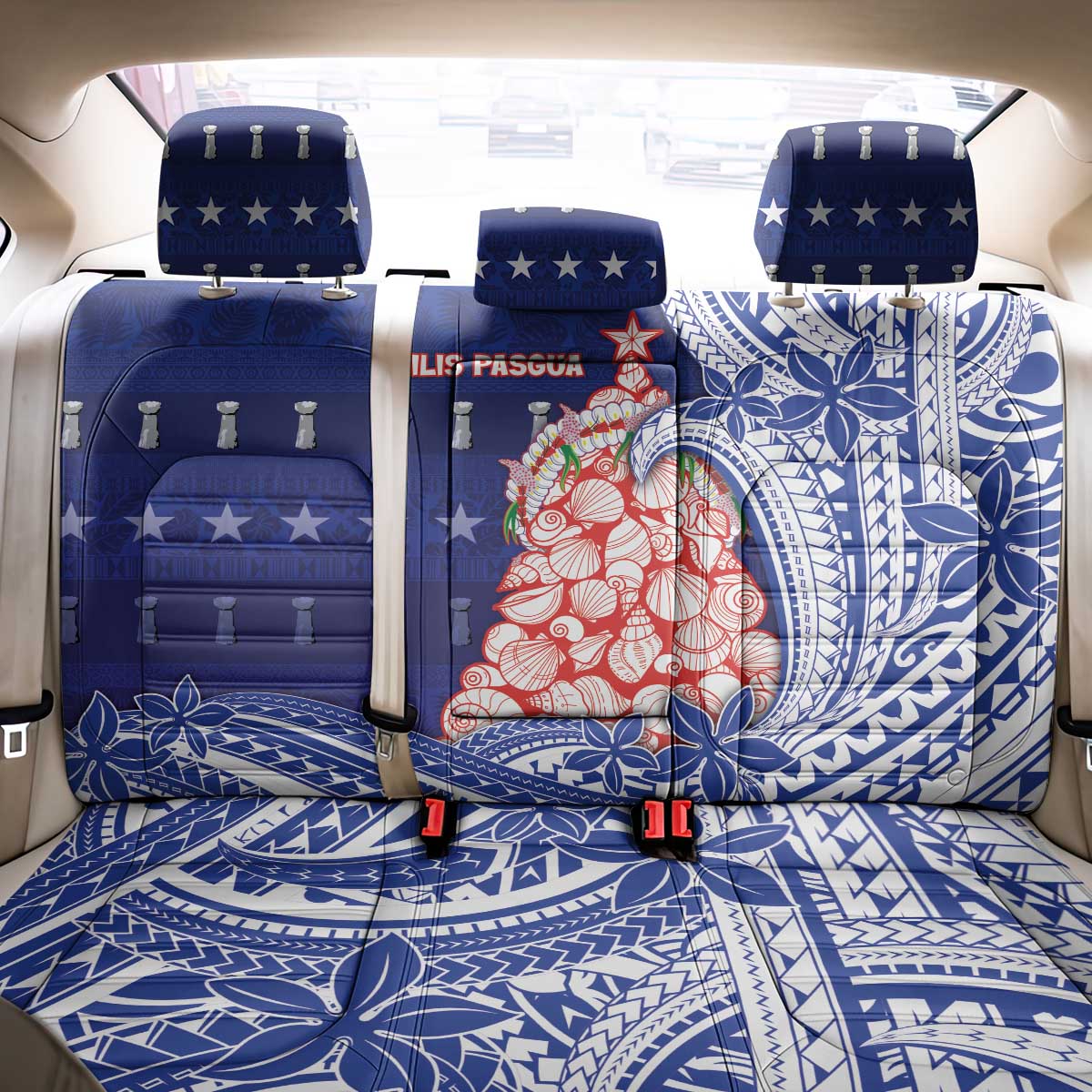 Northern Mariana Islands Christmas Back Car Seat Cover Seashell Xmas Tree Tribal Waves - Polynesian Pride