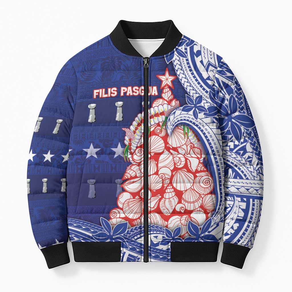 Northern Mariana Islands Christmas Bomber Puffer Jacket Seashell Xmas Tree Tribal Waves - Polynesian Pride